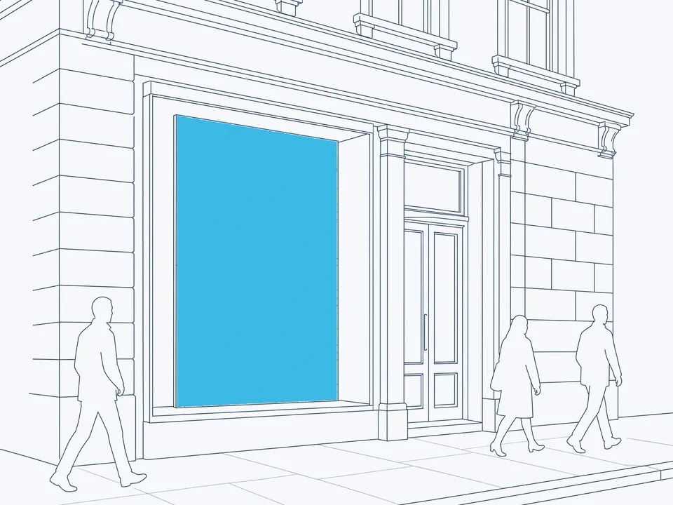 Line illustration of a large portrait LED screen behind a shop window, seen from the pavement