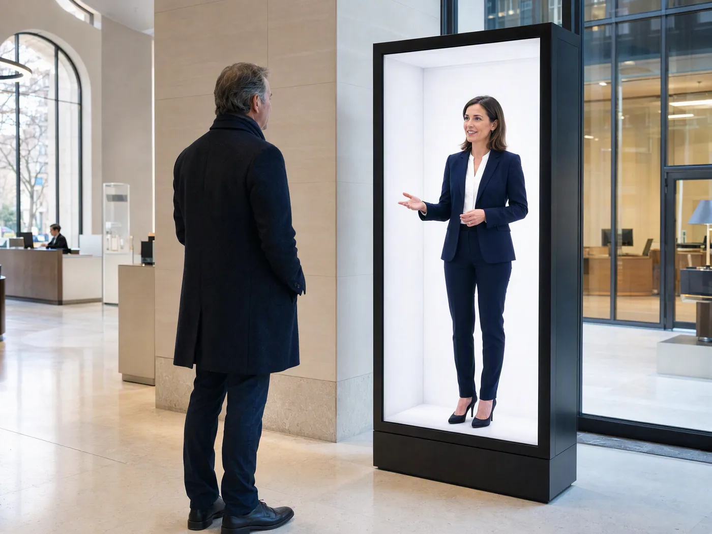 Visitor talking with the life-size avatar of a HoloBox Nova