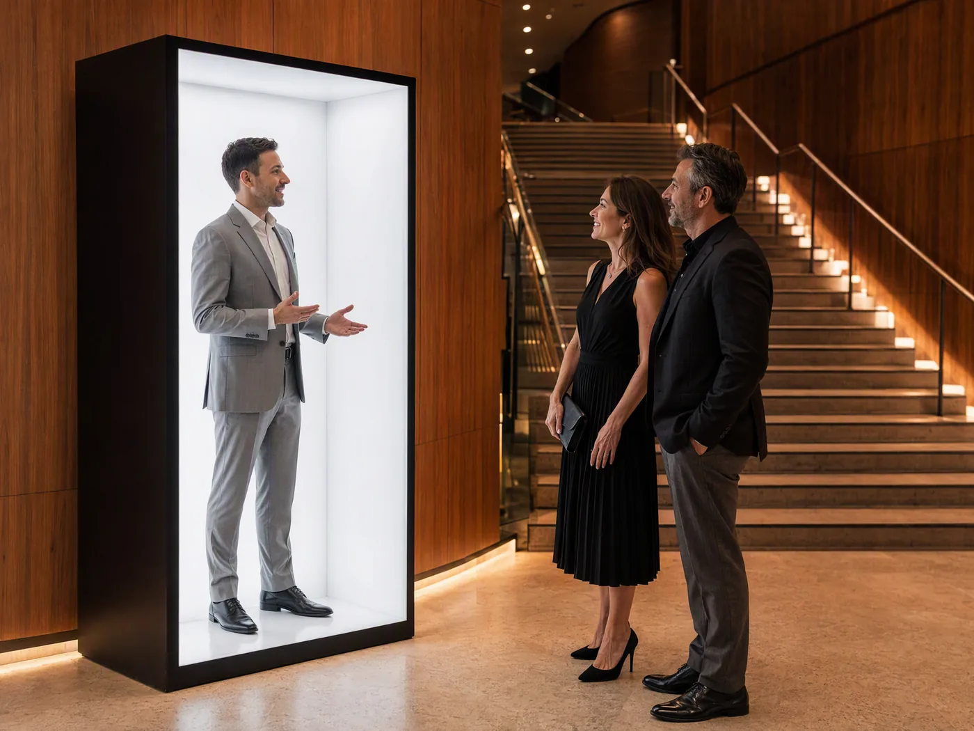 HoloBox Nova in the foyer of a concert hall, its avatar answering a couple