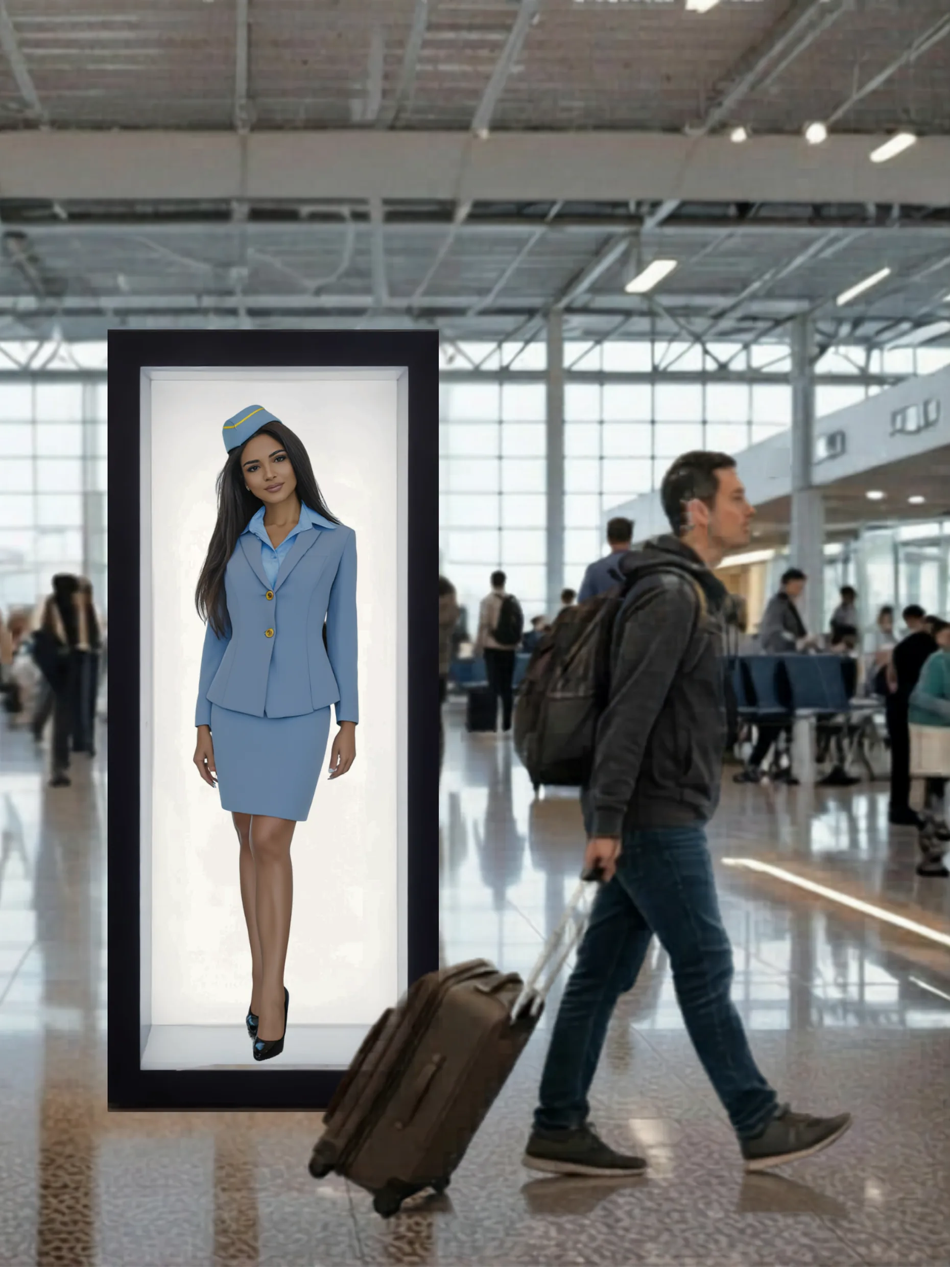 Life-size holographic avatar in a HoloBox Nova in a terminal hall, a traveller walking past