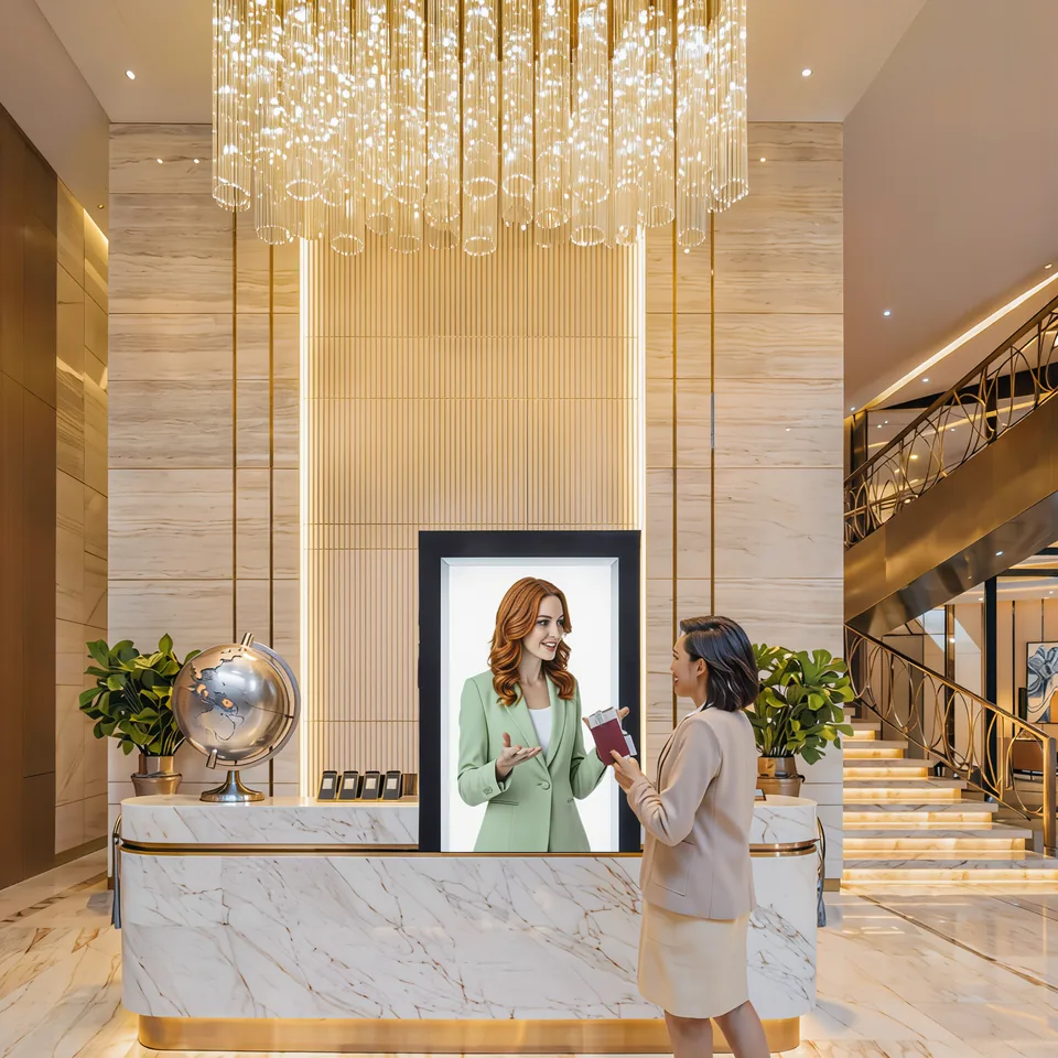 HoloBox Nova avatar greeting a guest in a hotel lobby