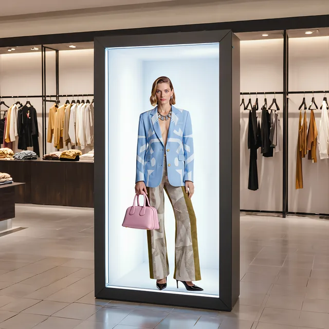 HoloBox Nova in a fashion store: a life-size woman in a blue jacket holding a pink bag, clothes rails behind