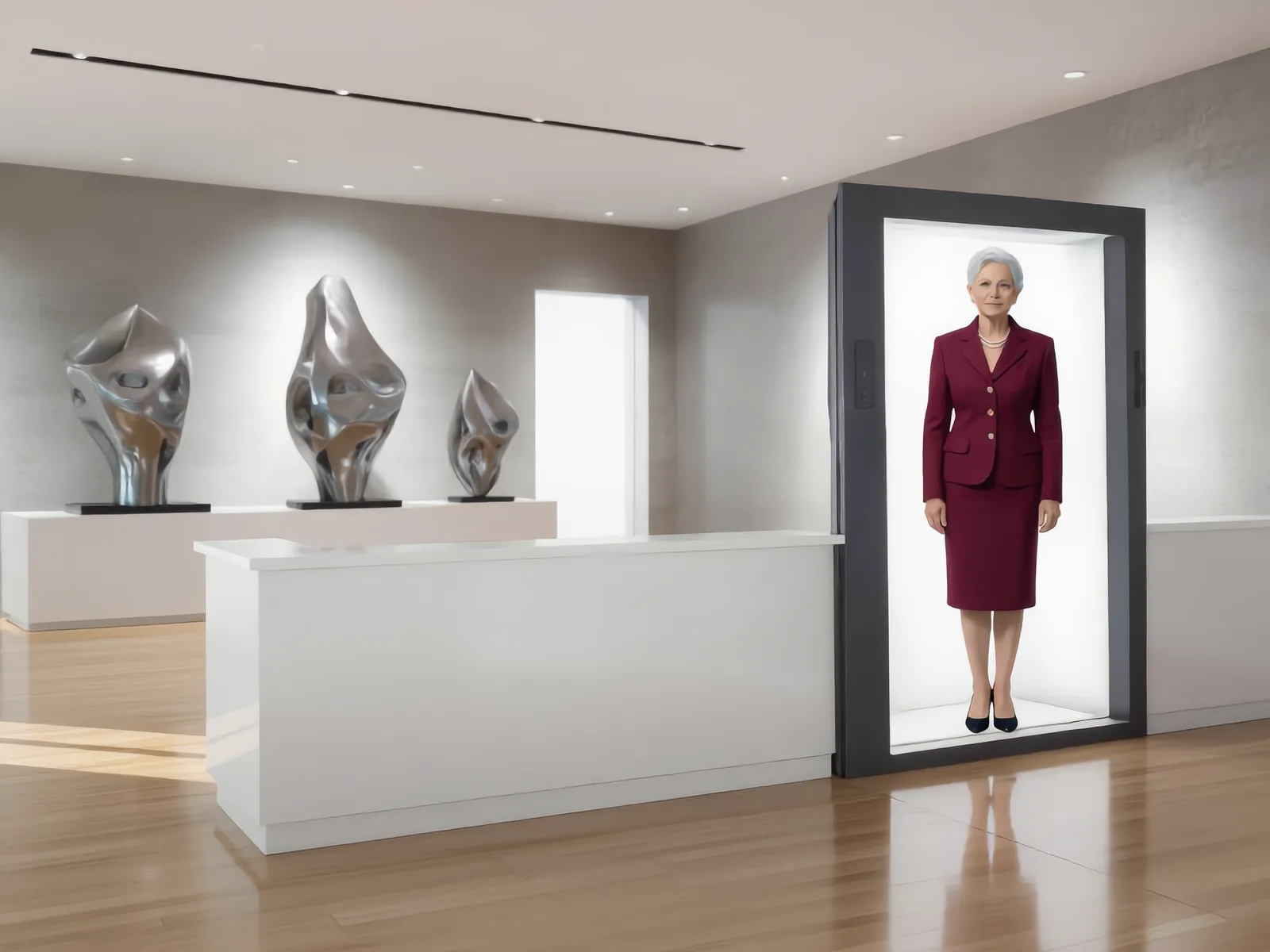 HoloBox Nova in a museum room, a life-size avatar in a burgundy suit beside silver sculptures