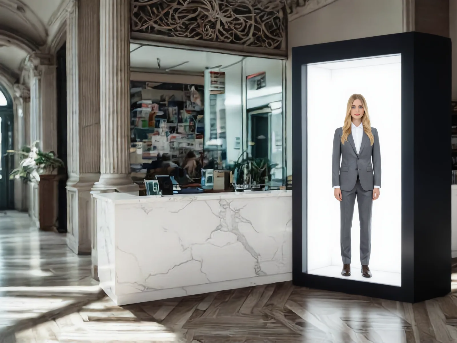 HoloBox Nova at the marble reception of a head office, a life-size avatar in a grey suit