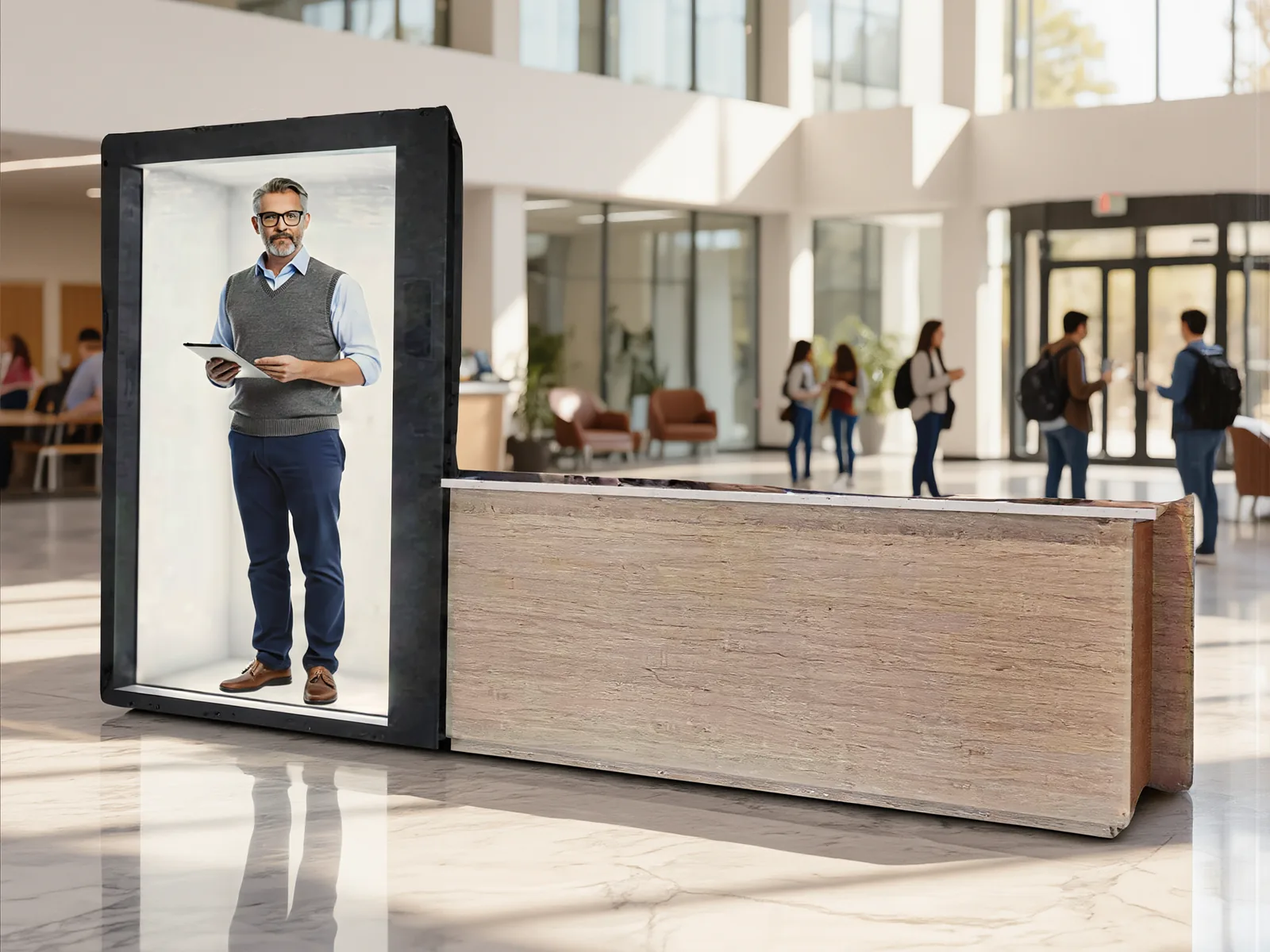 HoloBox Nova in the hall of a campus, a life-size avatar holding a book, students passing by