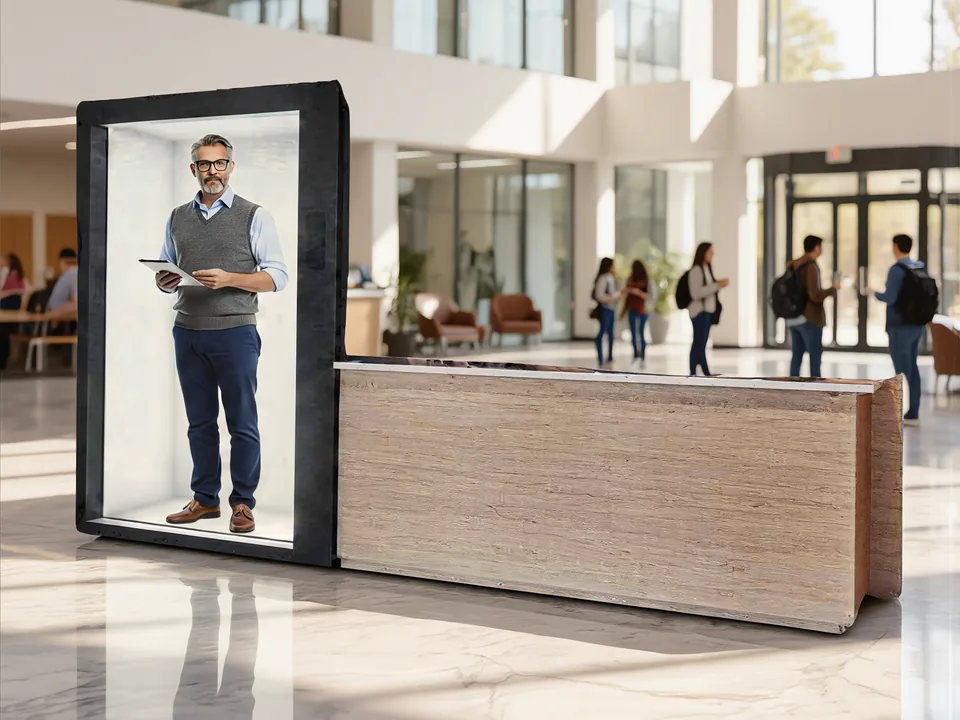 HoloBox Nova avatar in the hall of a campus, students passing by