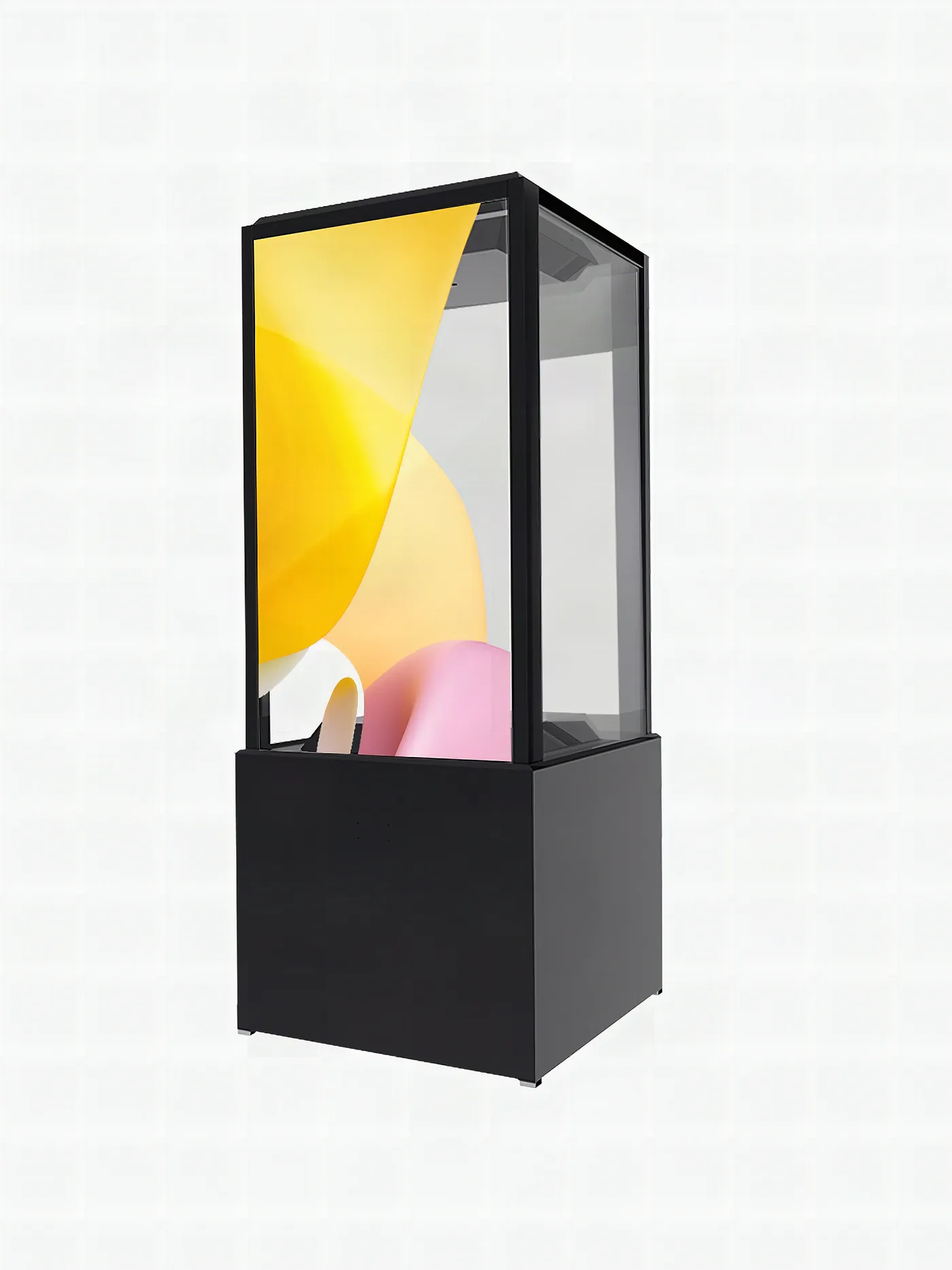 Écran OLED transparent dans un présentoir, l’objet visible derrière l’image