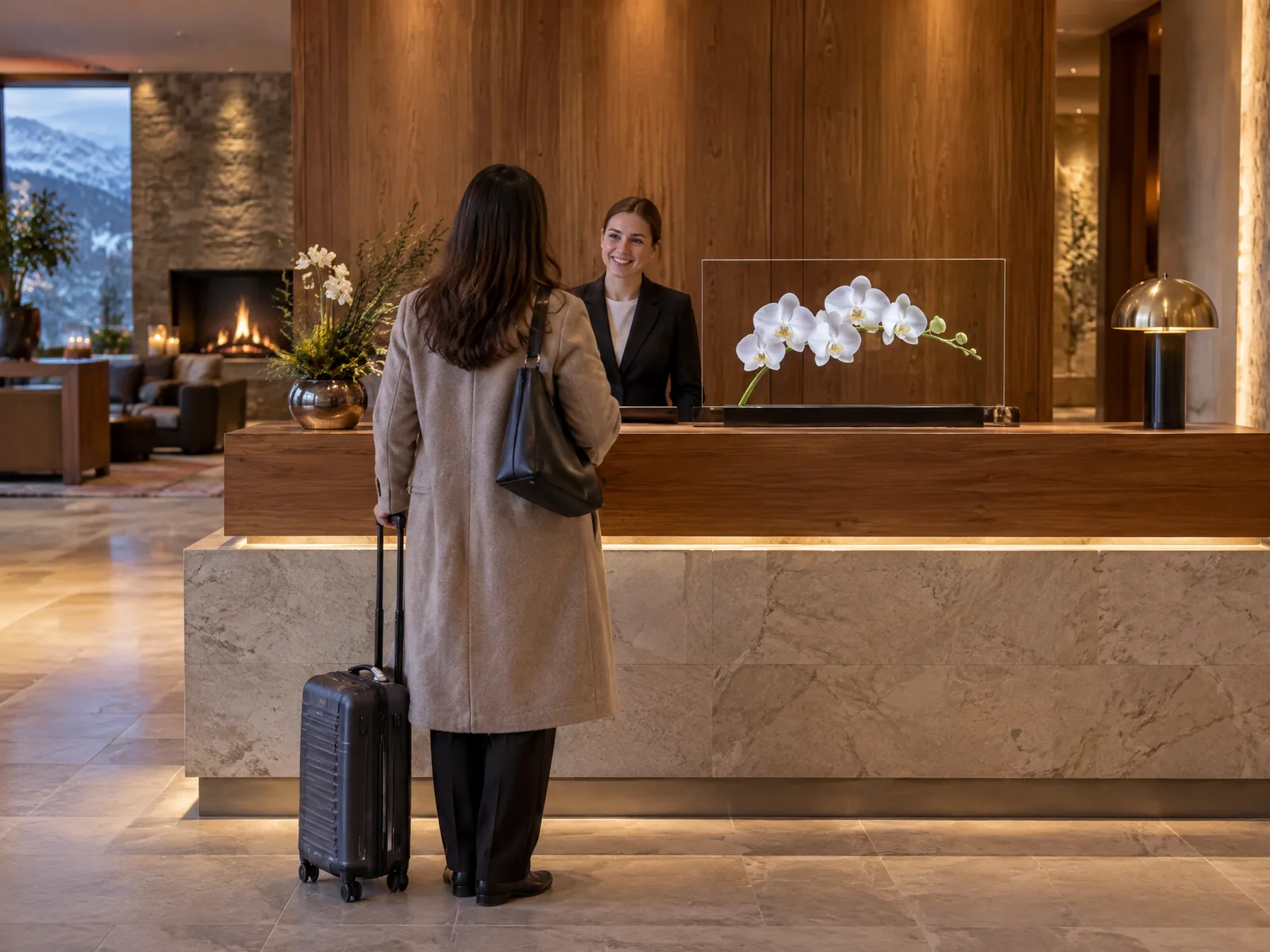 Hotel reception with a transparent OLED display on the desk, white orchids in the glass, a guest arriving with her suitcase