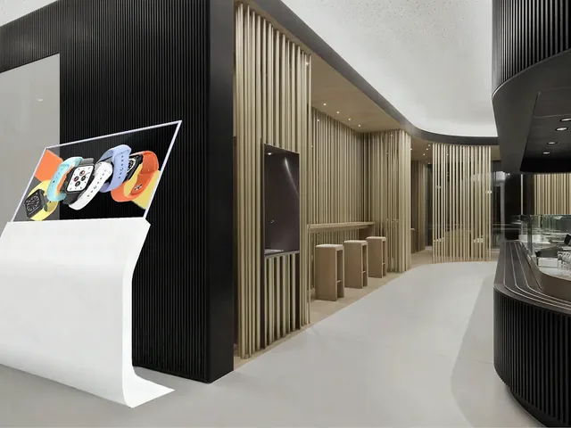 Store with black and wooden walls: a transparent screen on a curved white stand shows a row of colourful watches