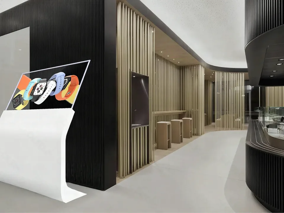 Écran OLED transparent utilisé comme séparateur d’espace dans un hall d’hôtel