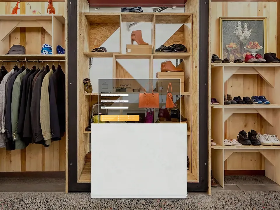 Shoe and clothing shop with wooden shelving, a transparent screen on a white stand in front of a handbag