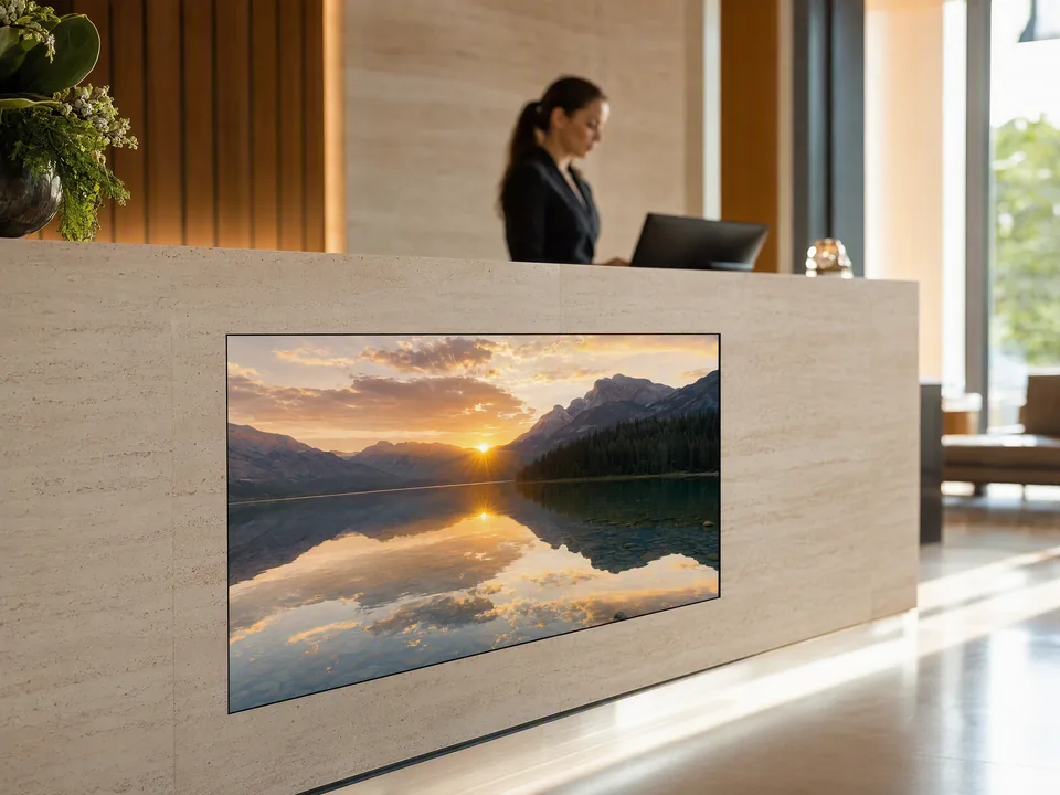 Open frame display built into the front of a welcome desk