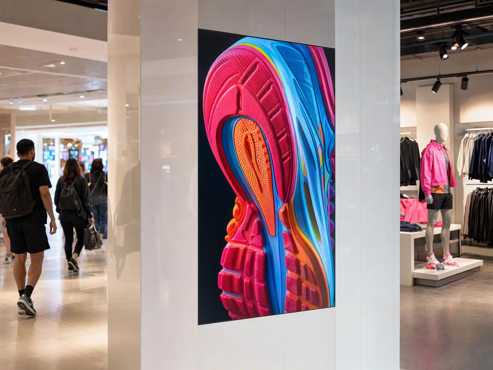 Open frame display in portrait on a column of a store, a running shoe on screen