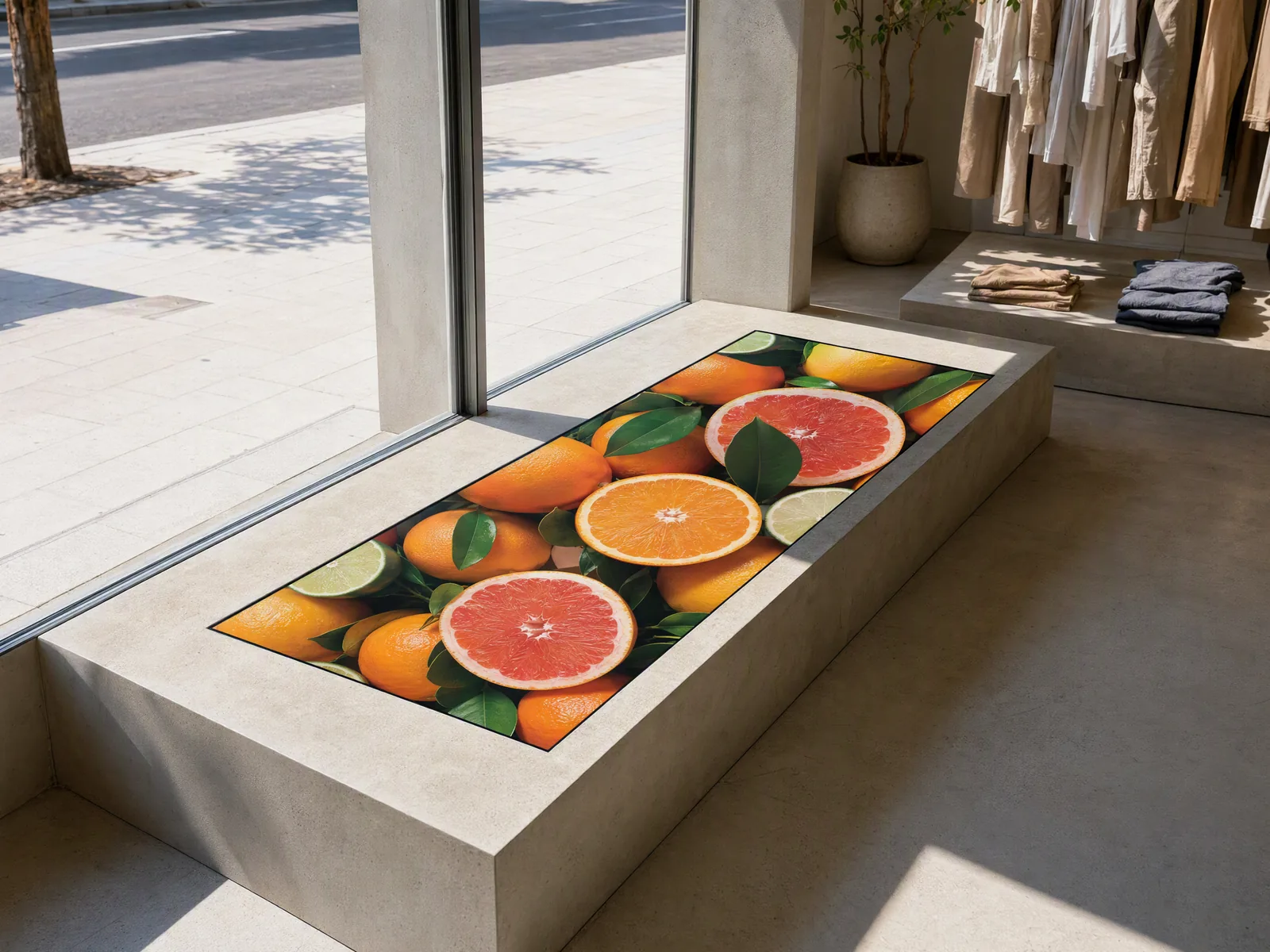 Open frame display built flush into a table top, halved grapefruits on screen