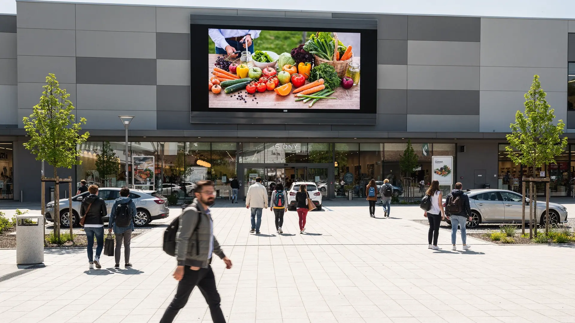 Outdoor LED screen on the forecourt of a shopping centre