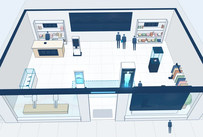 The store drawn in 3D, with the totem and the HoloBox Nova at the entrance lit