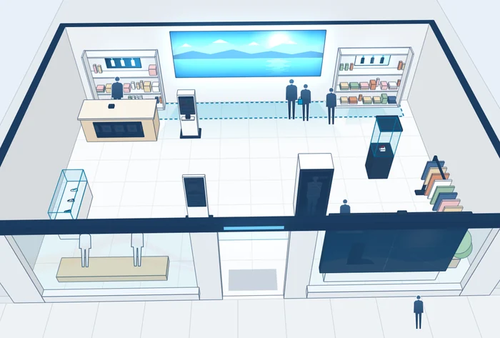 The store drawn in 3D, with the LED wall and the shelf screens lit