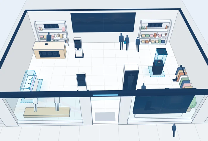 The store drawn in 3D, with the two display case screens lit