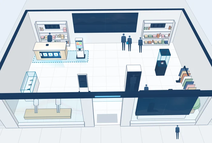 The store drawn in 3D, with the kiosk and the screen built into the counter lit