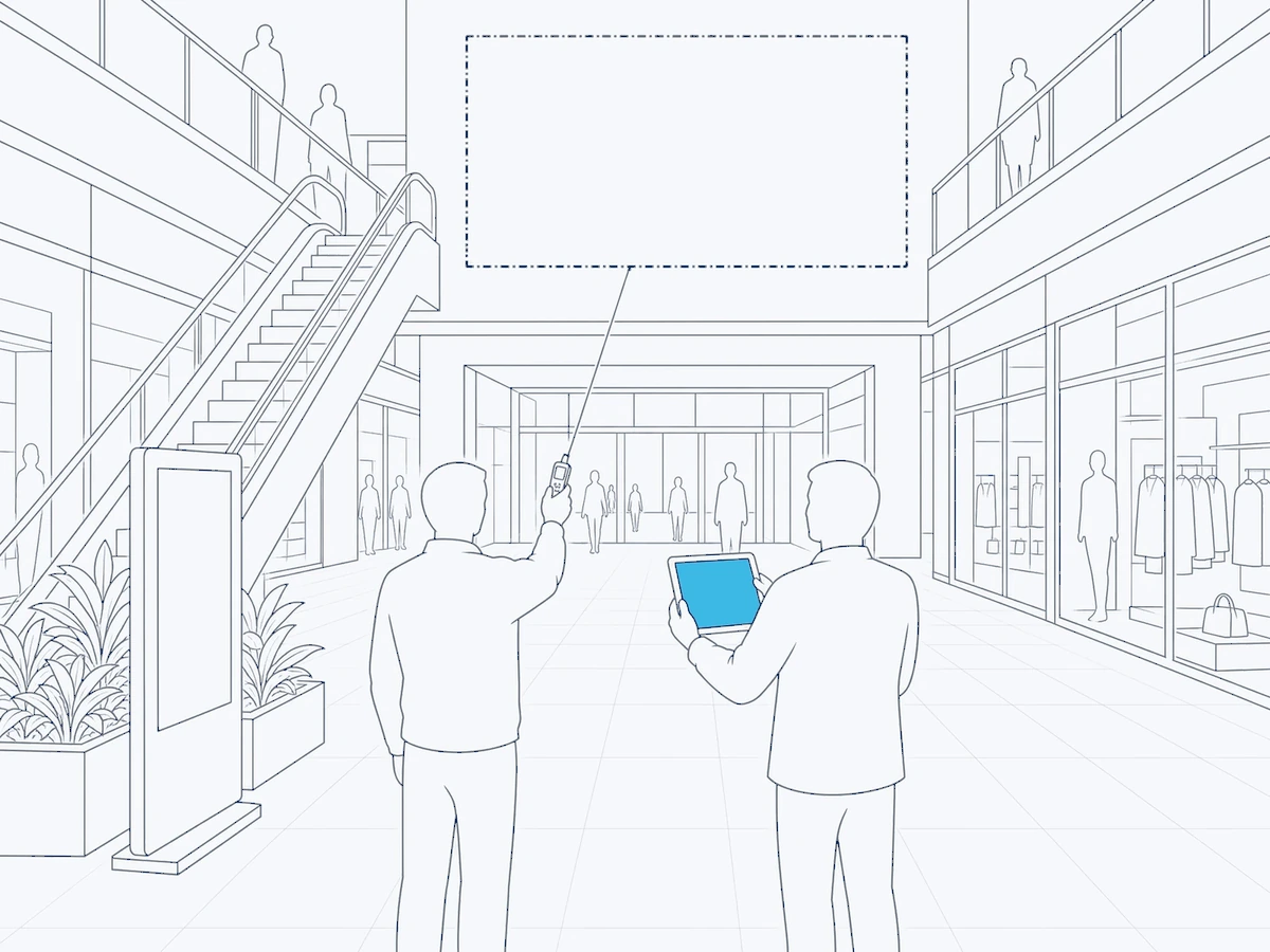 Line illustration: in a shopping mall atrium, the future screen is outlined in dashes on the wall above a shop entrance, a technician measures it with a laser meter while the client holds a tablet showing the project