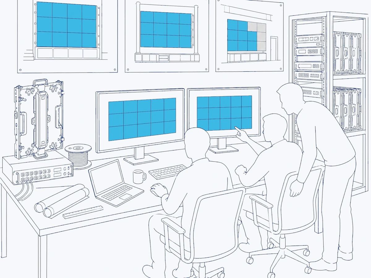 Line illustration: the design studio of the integrator, two people at a desk with monitors showing the panel layout of a giant LED wall, printed elevations on the wall, an LED panel, a video processor and an equipment rack