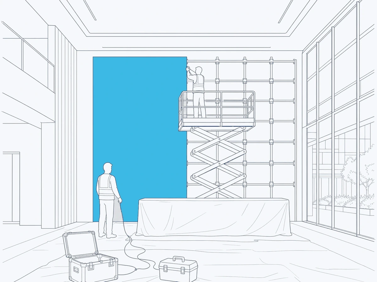 Line illustration: the reception hall as a work site, a scissor lift in front of the wall, a technician fixing the panel, half the structure already covered, flight case and toolbox on the floor