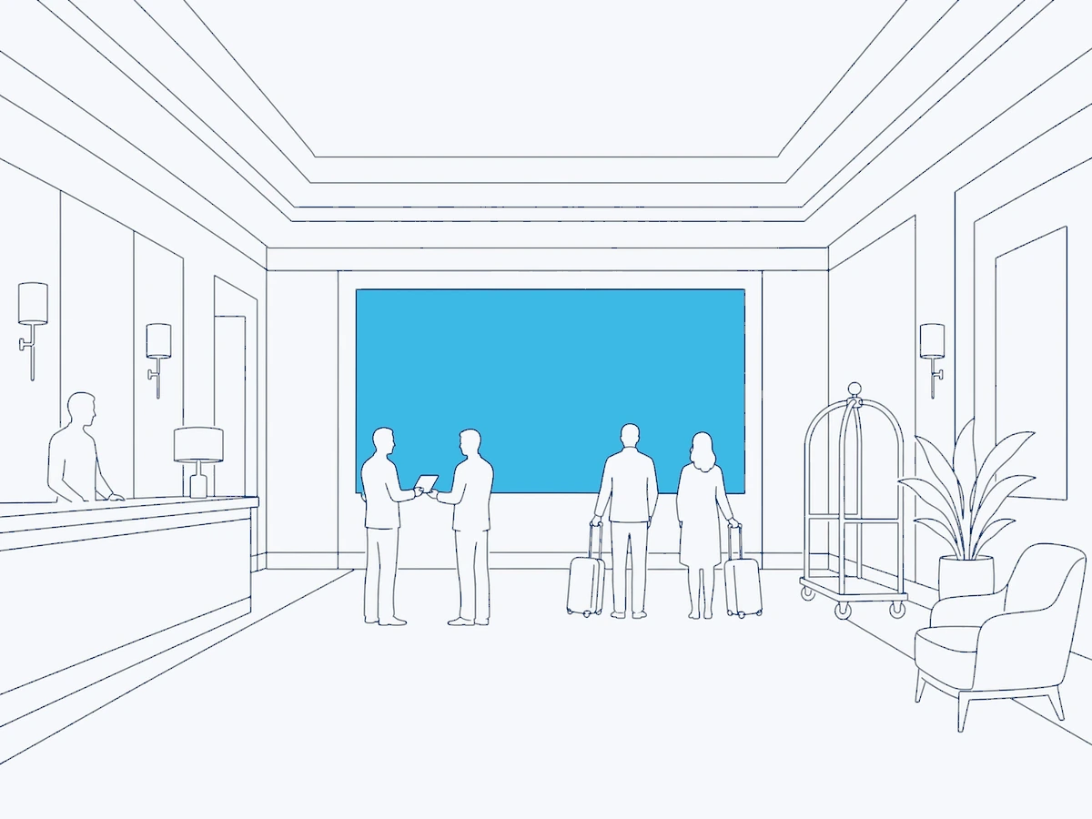 Line illustration: a hotel lobby with a giant screen lit on the back wall, a technician handing the control tablet to the client, guests with suitcases watching