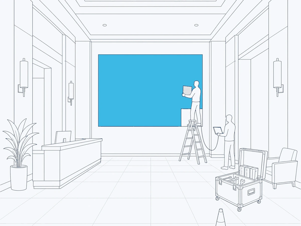 Line illustration: the hotel lobby, one panel removed from the giant screen and held by a technician on a stepladder, a colleague with a laptop plugged into the wall, an open case of spare panels and tools