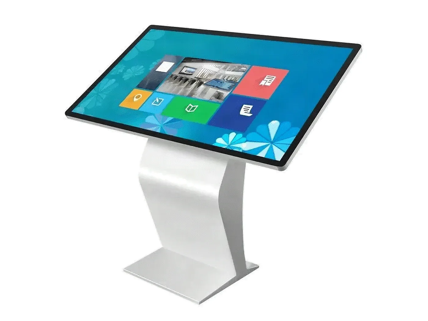 Touchscreen-Kiosk: ein Bildschirm im Querformat, geneigt auf einem gebogenen weissen Ständer