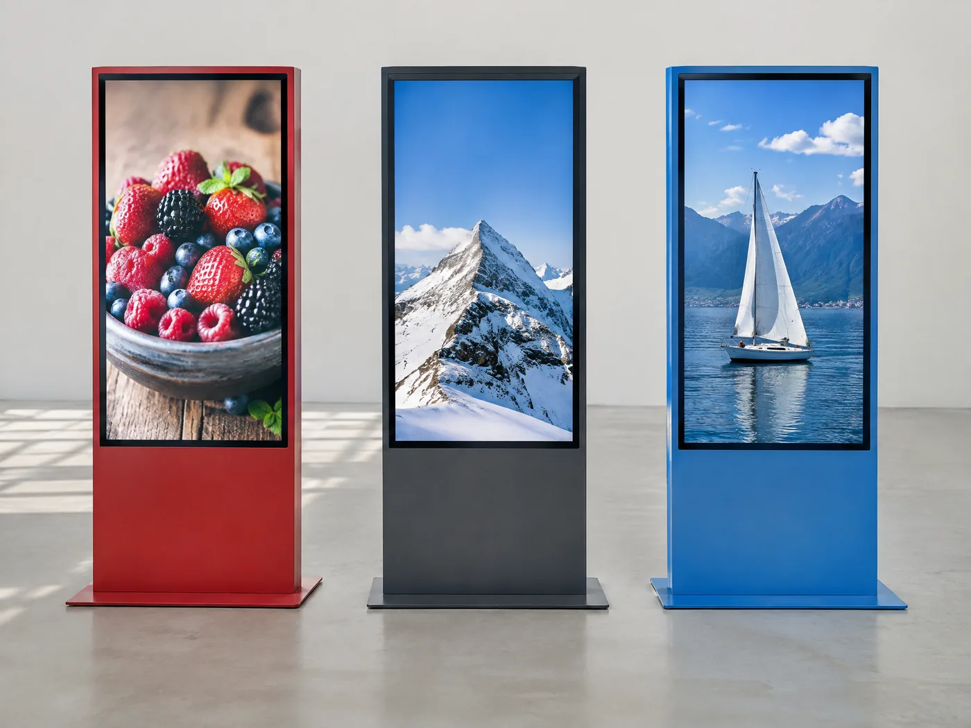 Digitale Totems mit Gehäusen in verschiedenen RAL-Farben