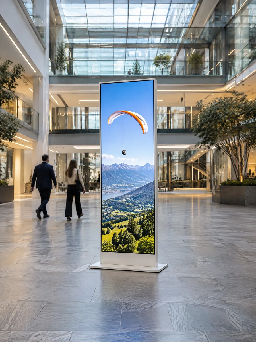 White digital totem standing on its own base in a bright atrium, a paraglider over a lake on screen