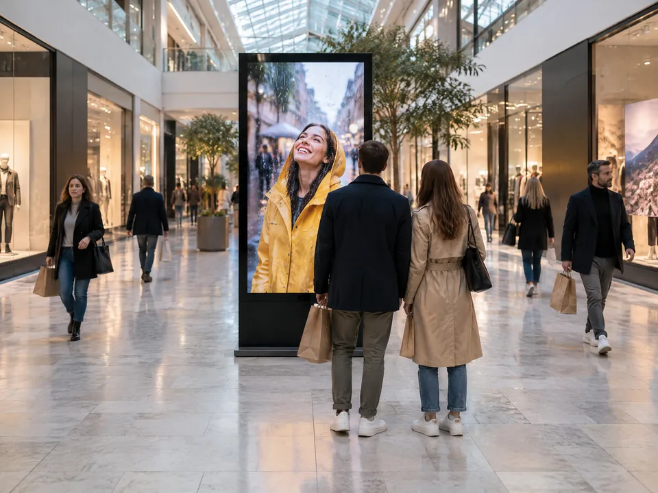 Screen totem in a shopping centre aisle showing a woman in yellow, shoppers walking past