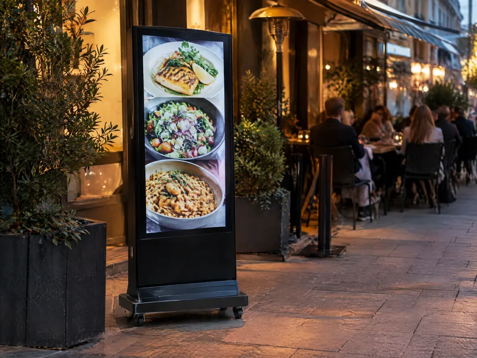 Digitales Totem auf Rollen, das vor einem Restaurant die Speisekarte zeigt