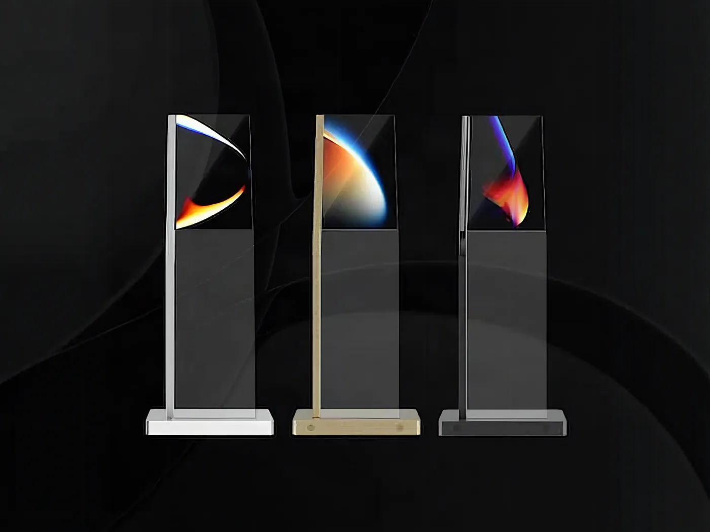 Transparent totems in silver grey, gold and dark blue