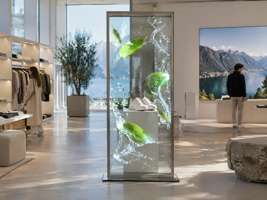 Transparent totem in a fashion store: white sneakers on a plinth behind the glass, leaves and water moving around them