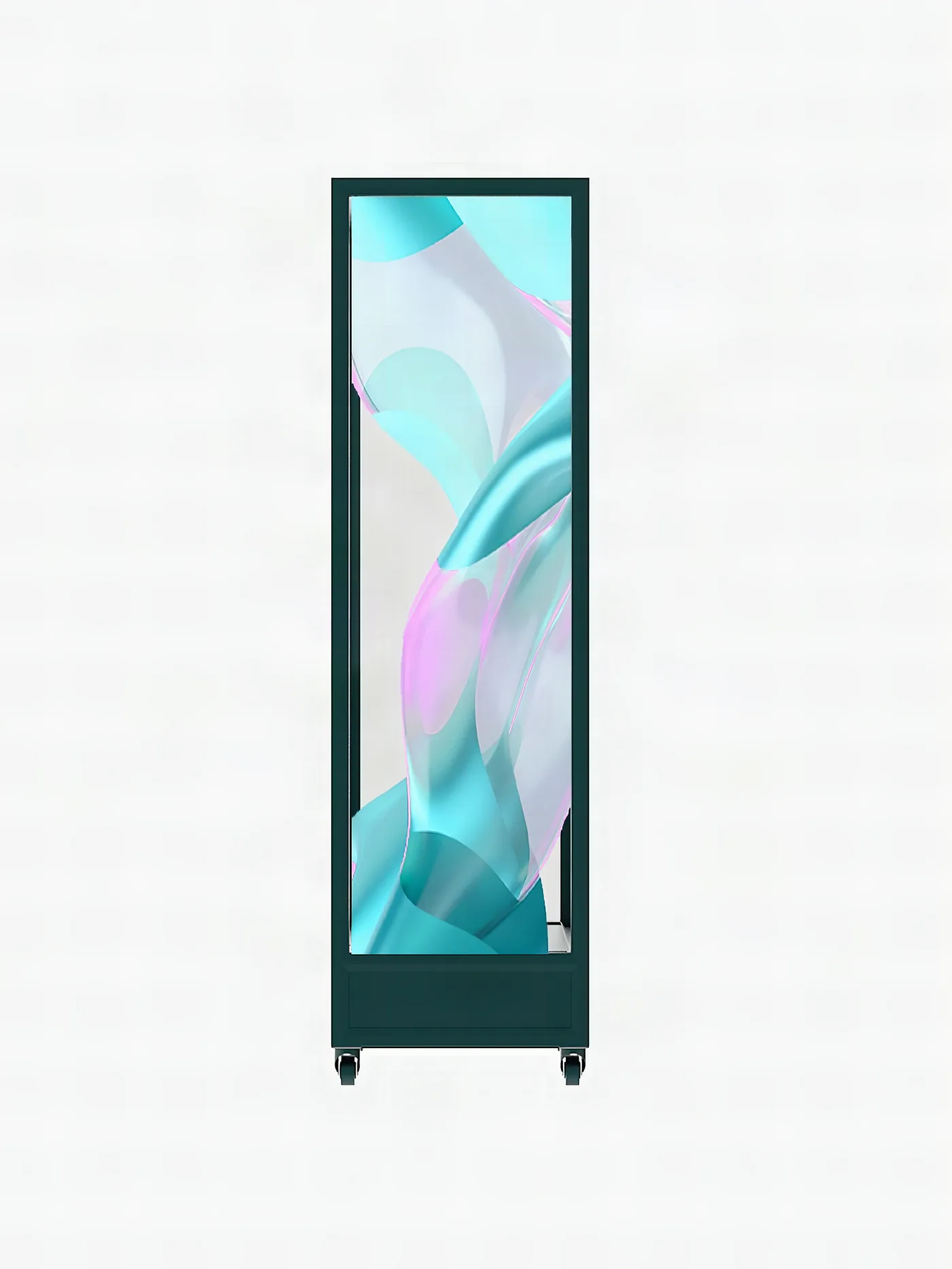 Transparent totem in a shop, the product visible behind the content