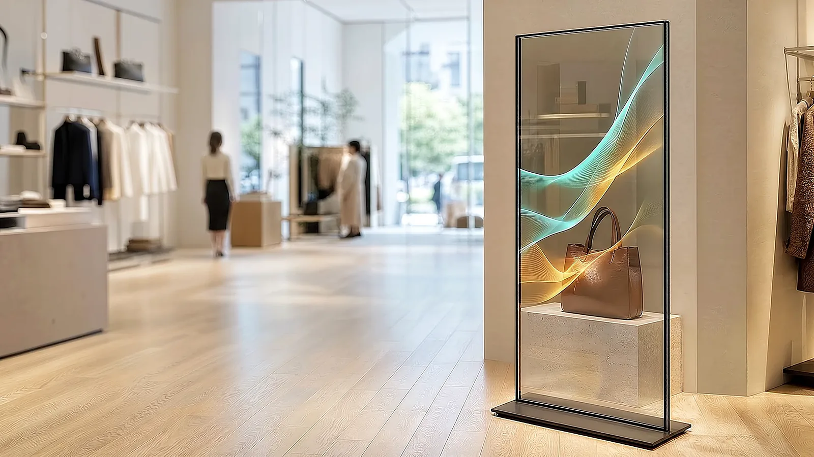 Free-standing transparent totem in a shop, the product visible behind the content on the glass