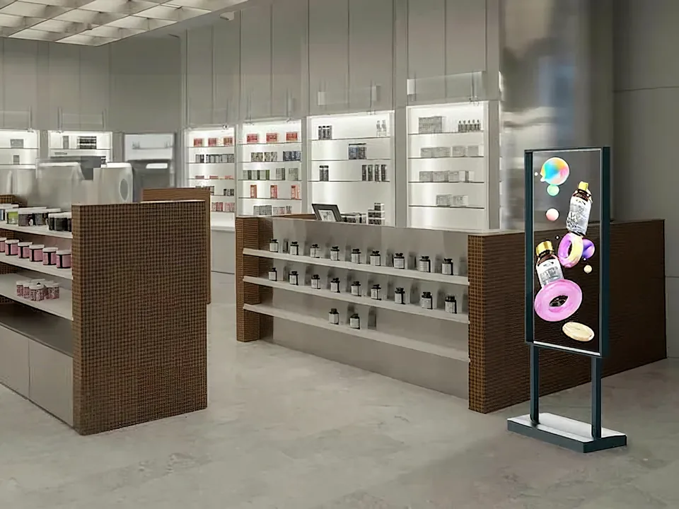Transparent totem in a shop, the product visible behind the content