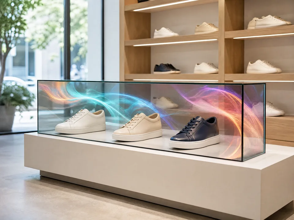 Transparent screen built into the front of a display case in a showroom