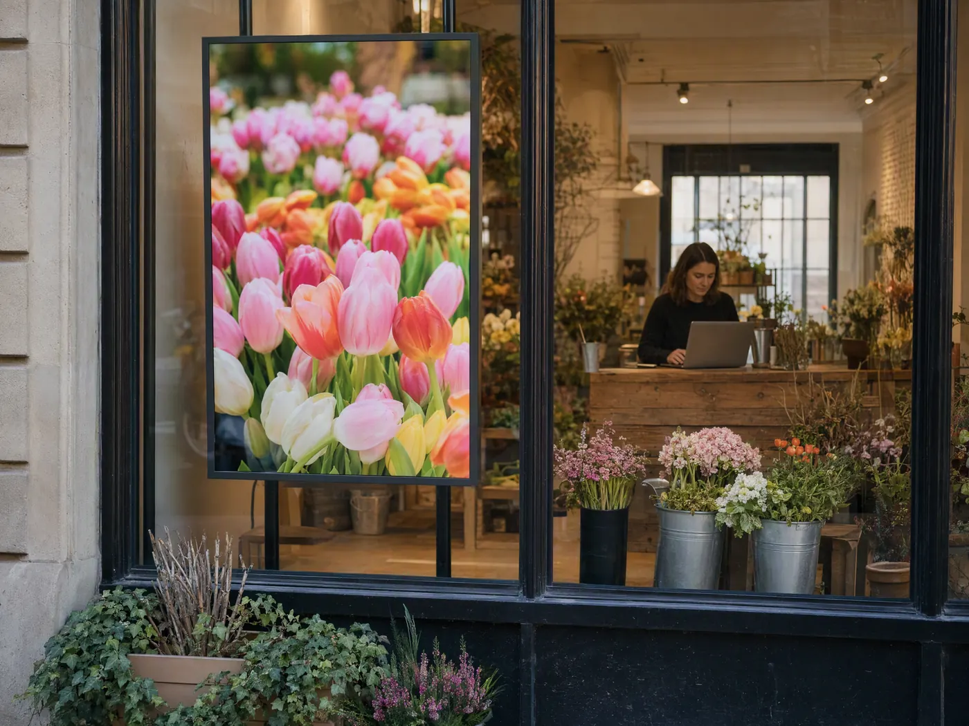 Ladeninhaber aktualisiert die Inhalte eines Schaufenster-Displays am Laptop