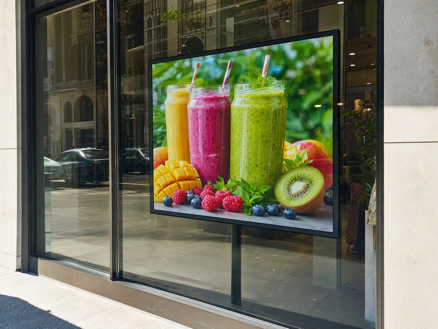 Smoothie bar window in daylight: a landscape screen hung behind the glass shows fruit smoothies
