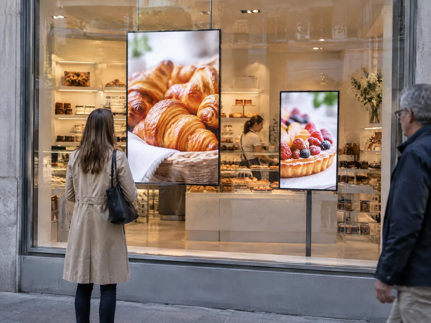 Schaufenster-Displays in verschiedenen Grössen, eines abgehängt, eines auf Standfuss