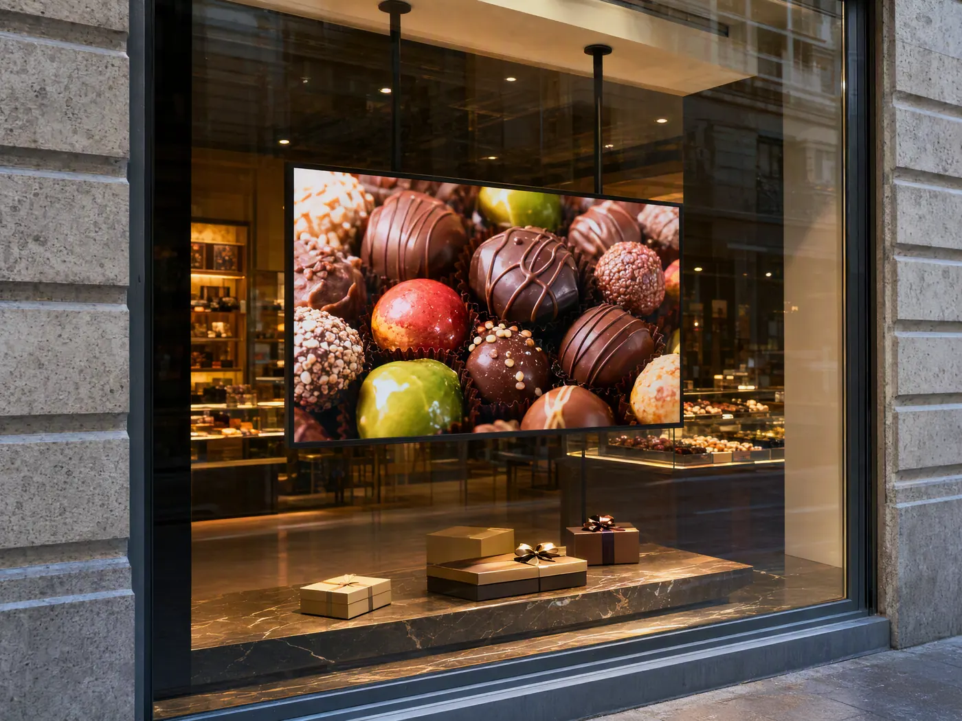 Chocolatier’s window: a landscape screen hung behind the glass shows pralines, the shop counter lit behind it