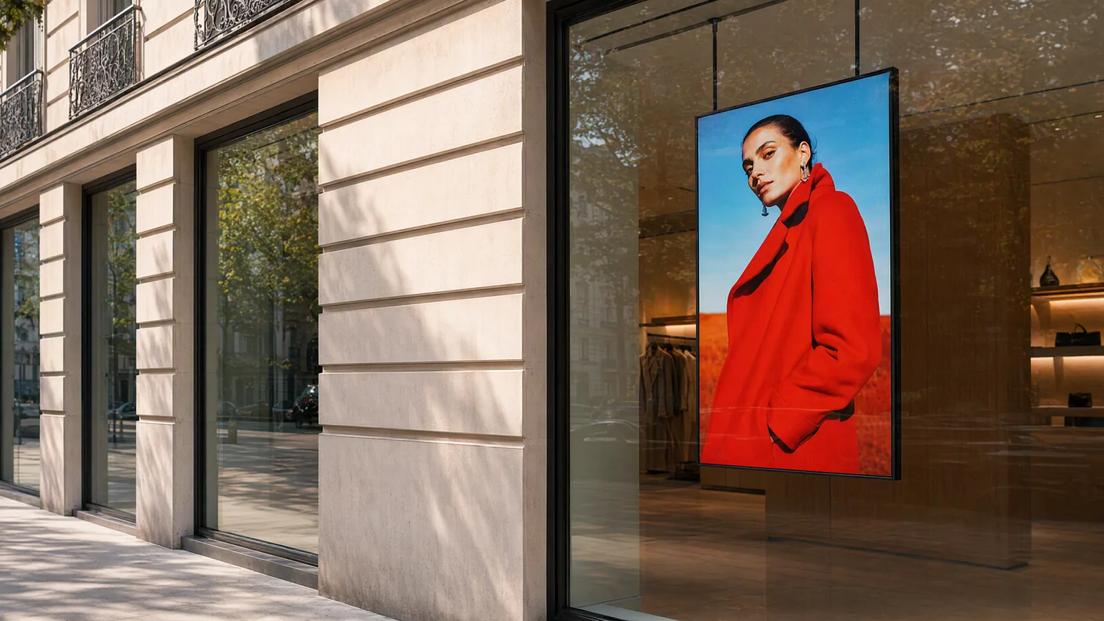 High-brightness display hanging behind a shop window, a woman in a red coat on screen
