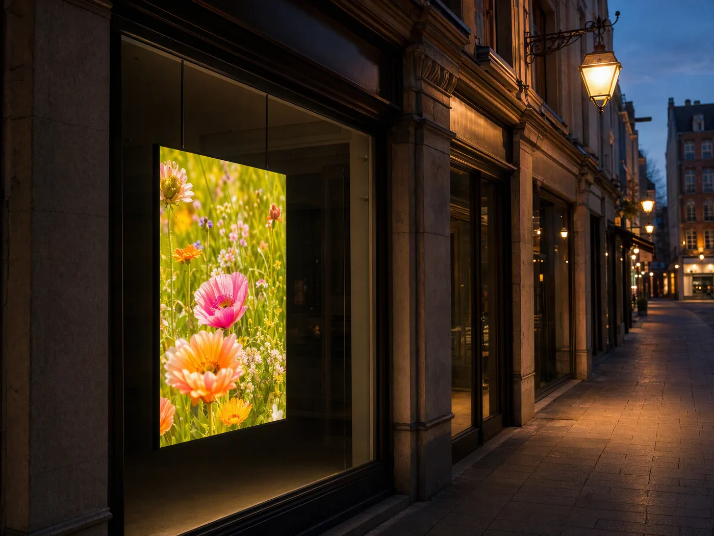 Schaufenster-Display, das geplante Inhalte zur Strasse hin zeigt