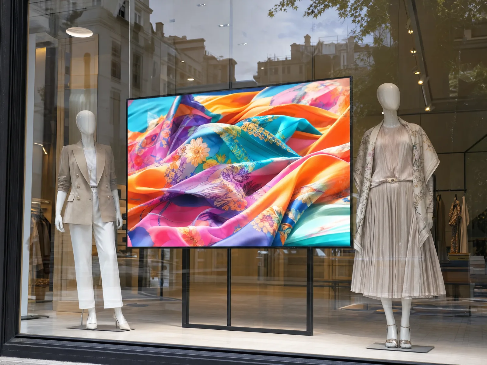 Boutique window with two mannequins and a landscape screen showing colourful waves