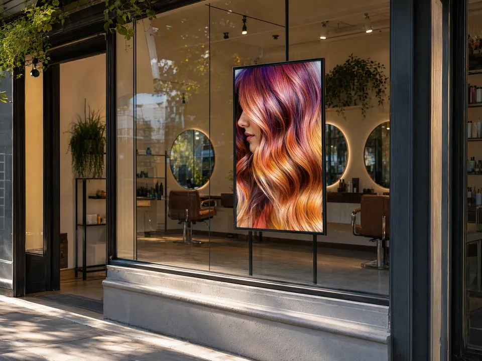 Bildschirm auf einem Standfuss hinter dem Schaufenster eines Coiffeursalons