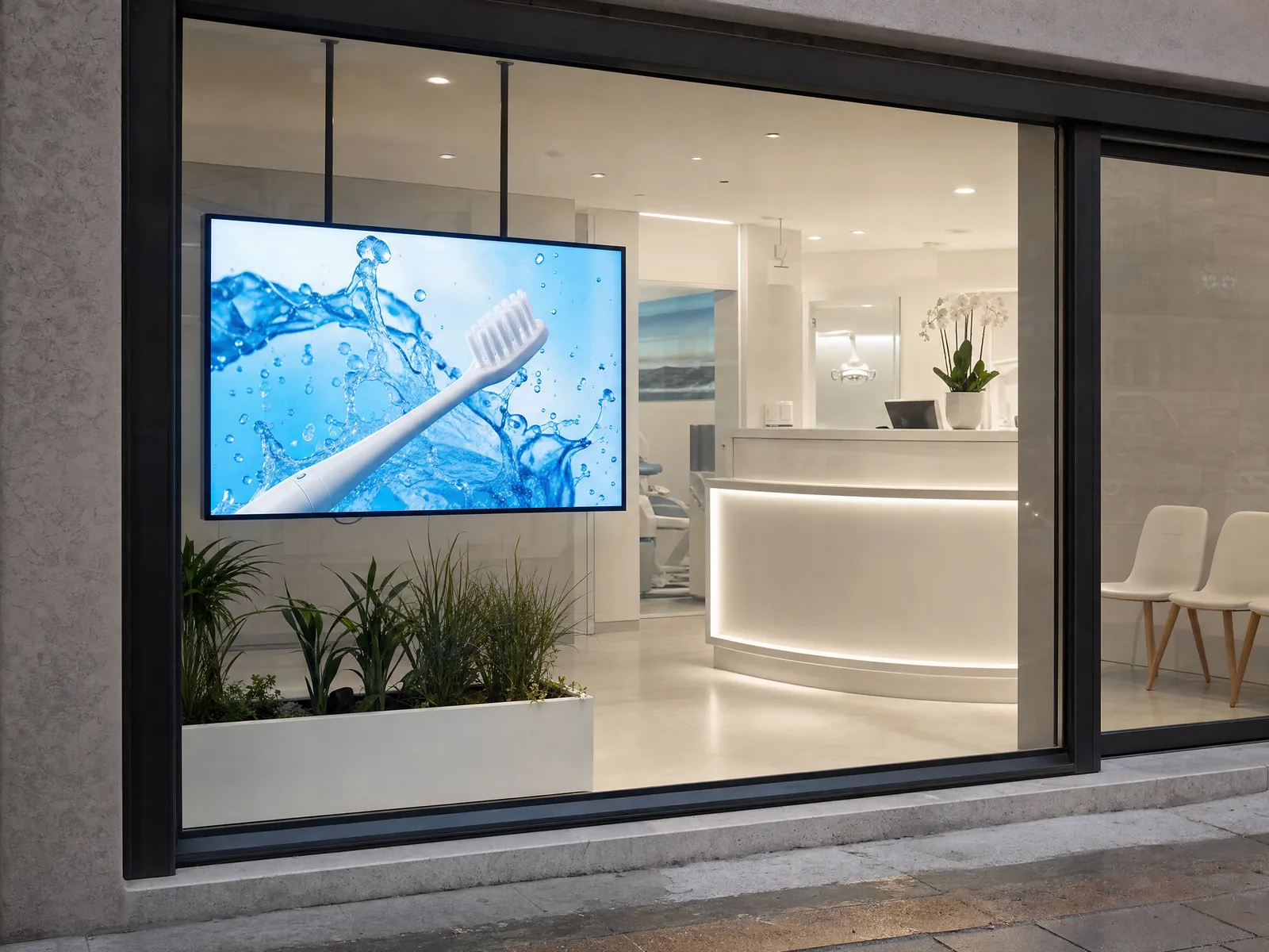Screen behind the window of a clinic, a toothbrush in splashing water on screen