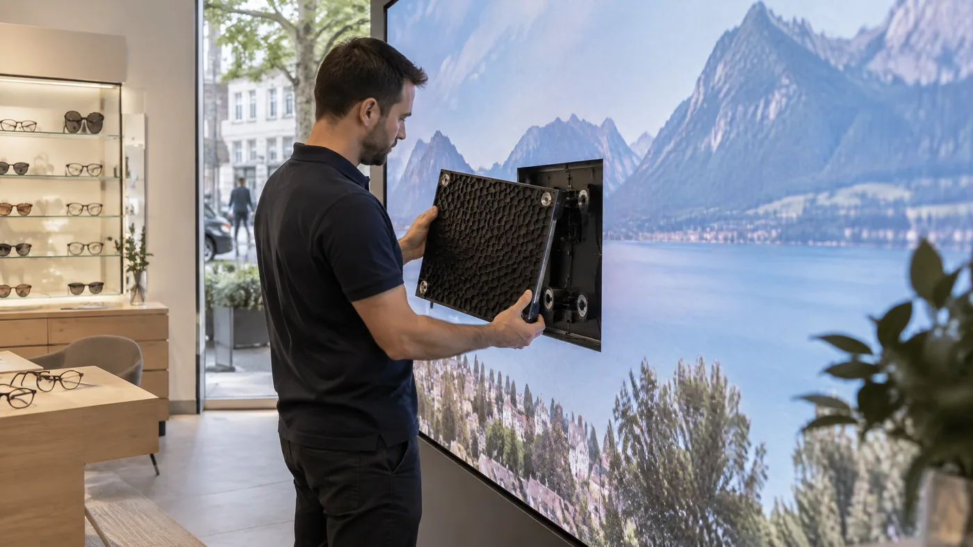 Inside an optician’s shop, a technician holding one LED module taken out of the lit screen, a mountain lake on screen