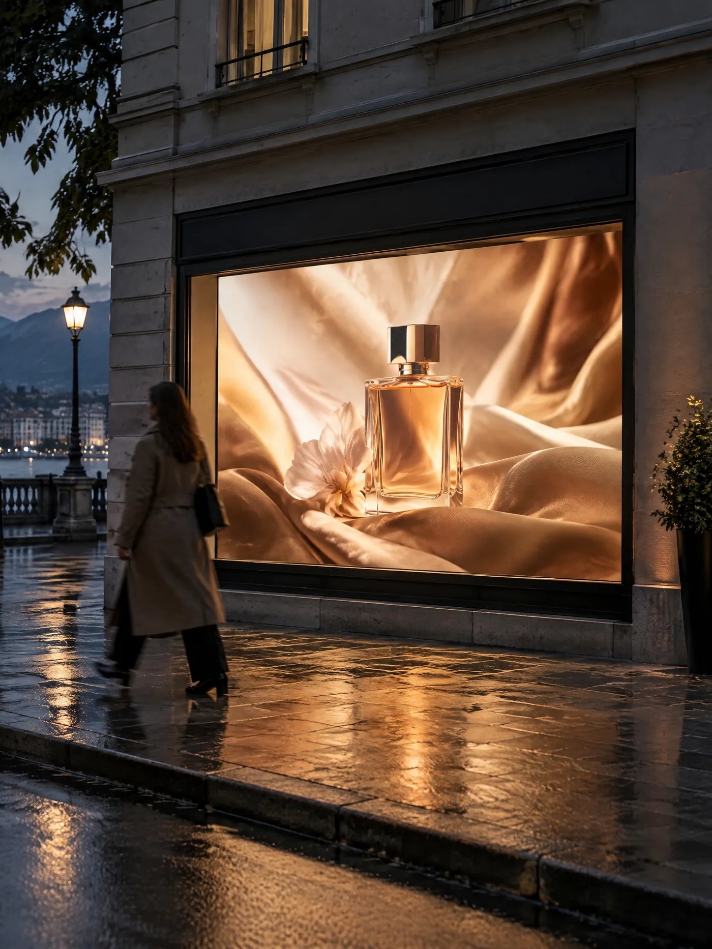 LED wall filling the window of a perfumery at dusk, a passer-by walking past on the wet pavement